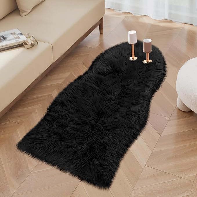 Ciicool Ultra Soft Faux Sheepskin Fur Rug Fluffy Chair Rug for Sofa Couch Seat Cushion.Shaggy Furry Small 2x4 Black Bedroom Fuzzy Carpet for Living Room Kid's Room Nursery Decor