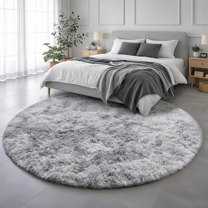 Amdrebio Tie-Dyed Light Grey Round Area Rugs for Living Room, 6x6 Ft, Soft Large Circle Rugs for Bedroom, Big Shag Fluffy Fuzzy Carpet for Kids Room, Modern Floor Circular Rug, Furry Farmhouse Rug