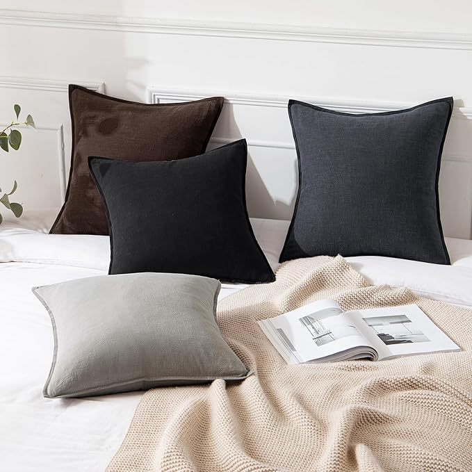 MIULEE Decorative Linen Pillow Covers 20x20 Inch Black Boho Farmhouse Neutral Couch Throw Pillows for Halloween Bed Pack of 2 Accent Modern Pillowcase Sofa Livingroom Home Decor