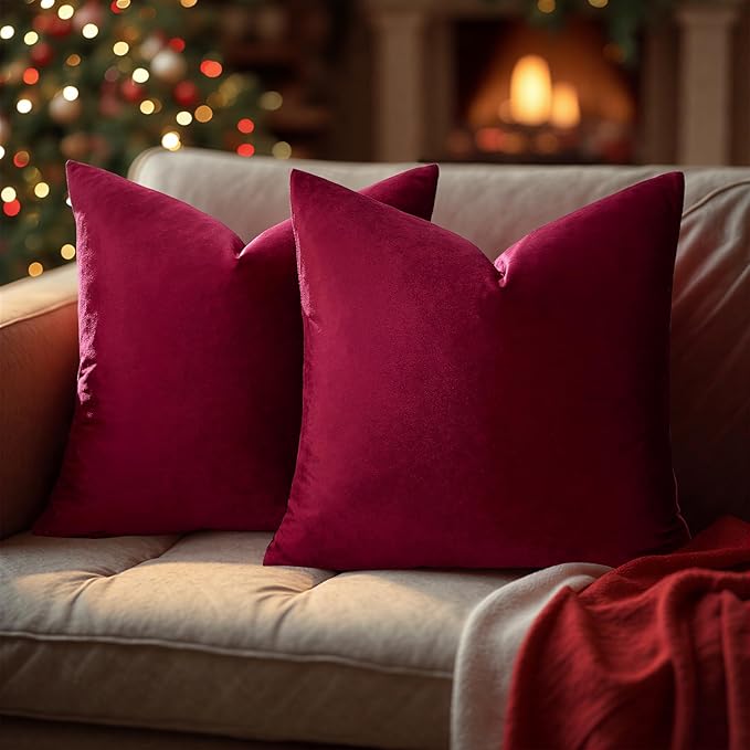 GIGIZAZA Burgundy Pillow Covers 22x22: Pack of 2 Throw Pillows Soft Solid Covers - Velvet Decorative Couch Big Cushion Covers Used for Chrismas Room Decor,Living Room,Bedroom,Sofa