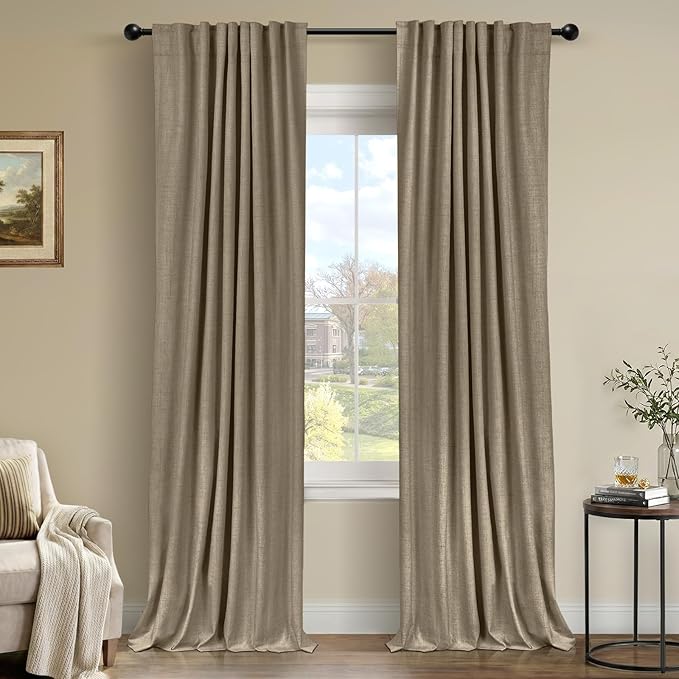 100% Blackout Shield Linen Blackout Curtains for Bedroom 108 Inches Long, Back Tab/Rod Pocket Living Room Drapes, Thermal Insulated Blackout Curtains 2 Panels Set, 50" W x 108" L, Plaza Taupe