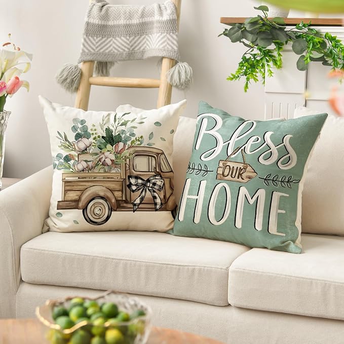 AVOIN colorlife Bless Our Home Farmhouse Eucalyptus Leaves Throw Pillow Covers, 16 x 16 Inch Blue Truck Home Sweet Cushion Case Decorations Set of 4