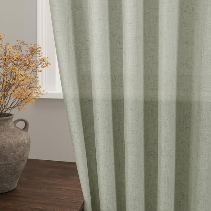 Sage Green Linen Textured 96 Inch Curtains 2 Panel Set Back Tab Rod Pocket Sheer Pleated Boho Room Decor Aesthetic Curtains Pale Green Burlap Look Curtain Drapes for Living Room Bedroom 8Ft 40x96