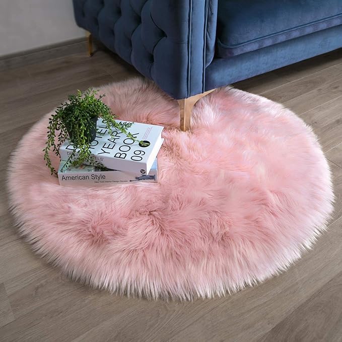 Ashler Faux Fur Rug, Pink Fluffy Shaggy Area Rug, Soft 3x3 Ft Round Sheepskin, Fuzzy Machine Washable Carpet, Nursery Rug for Kids Bedroom, Living Room
