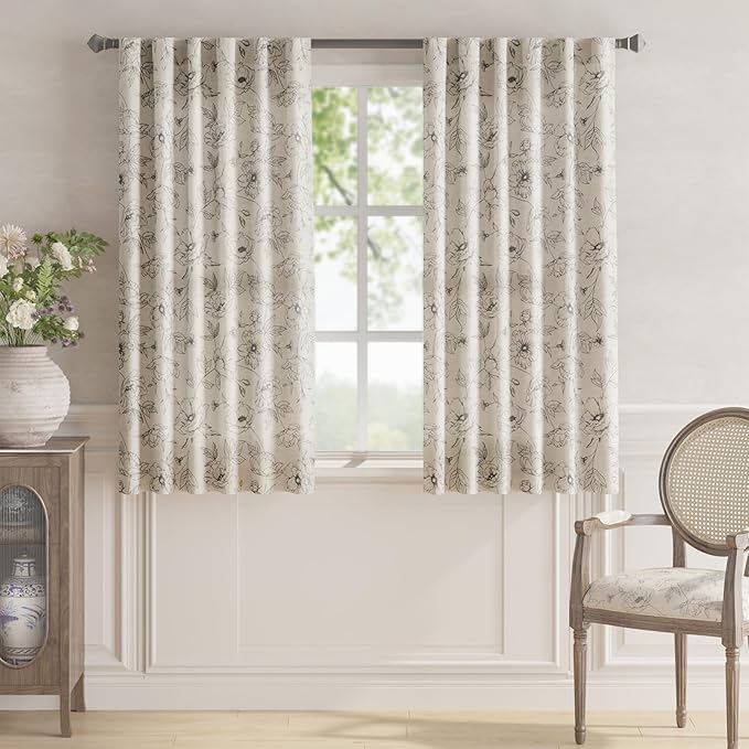 jinchan Floral Linen Curtains for Living Room 63 Inch Length Grey Flower Curtain Rod Pocket Back Tab Farmhouse Curtains with Printed Floral Bedroom Window Curtain Set, 2 Panels Gray