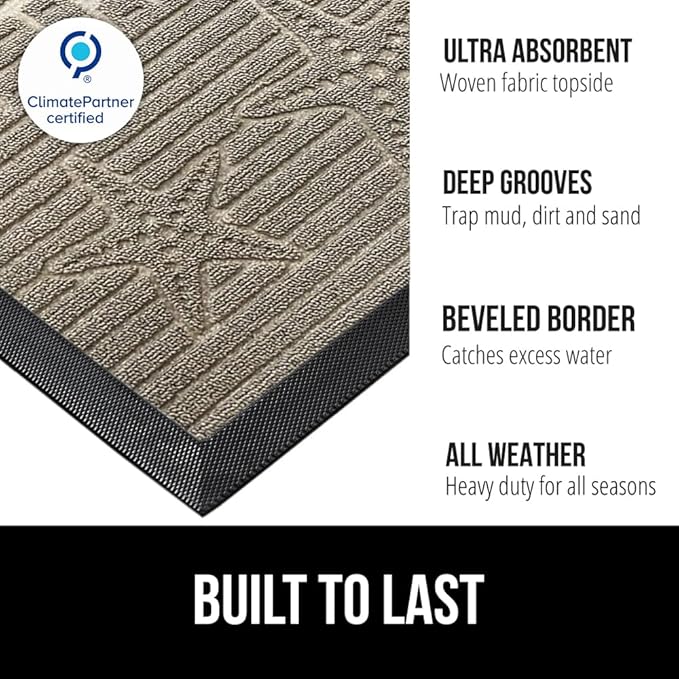 GORILLA GRIP 100% Waterproof All-Season WeatherMAX Doormat, 47x35, US Designed Natural Rubber, Stain and Fade Resistant, Low Profile Indoor Outdoor Door Mats, Easy Clean Patio Mat, Sand Beach