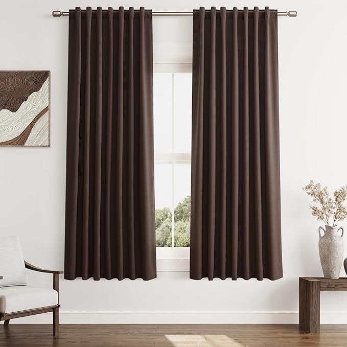 Guken Brown 100% Blackout Curtains 63 Inch Length 2 Panels Set for Living Room Bedroom Back Tab Thermal Insulated Black Out Linen Drapes Room Darkening Window Curtains 52 Inches Width