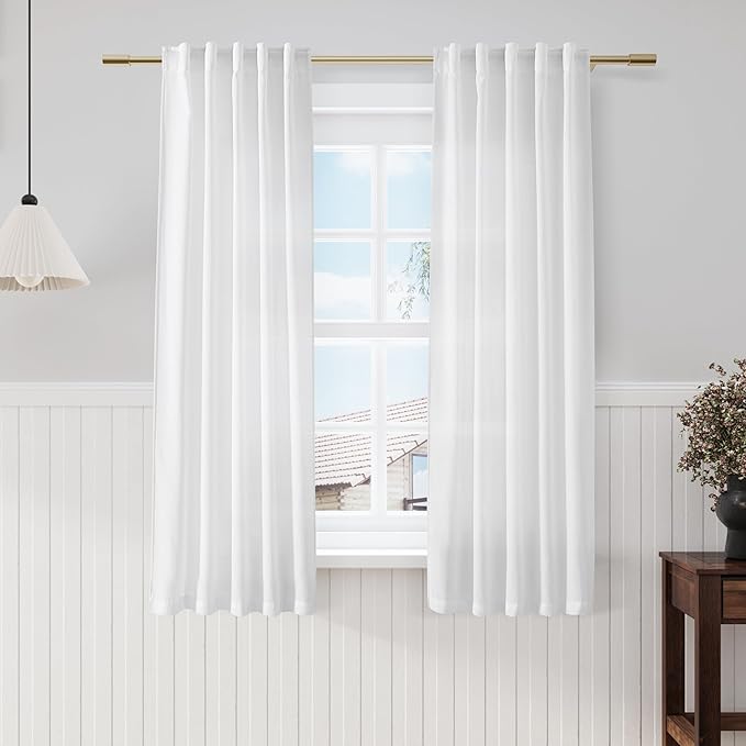 Nanspring White Kitchen Curtains 63 Inch Length 2 Panels Set Linen Blend Back Tab Privacy Light Filtering Cafe Curtain Modern Neutral Short Tier Curtains for Small Window Bathroom Bedroom 40x63