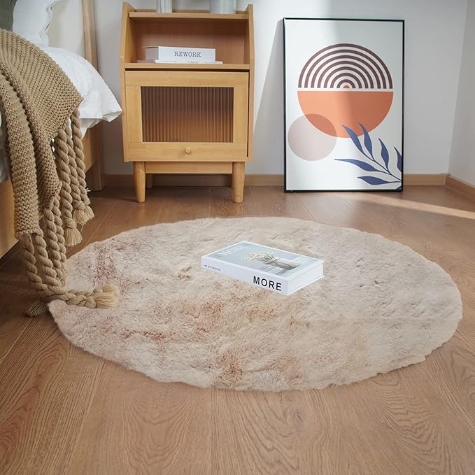 Ghouse Faux Rabbit Fur Round Rug 5ft Light Brown Beige Round Rugs for Bedroom Decor Fluffy Area Rugs for Living Room, no-Shedding Carpet Sheepskin Washable Rug Rome Decor
