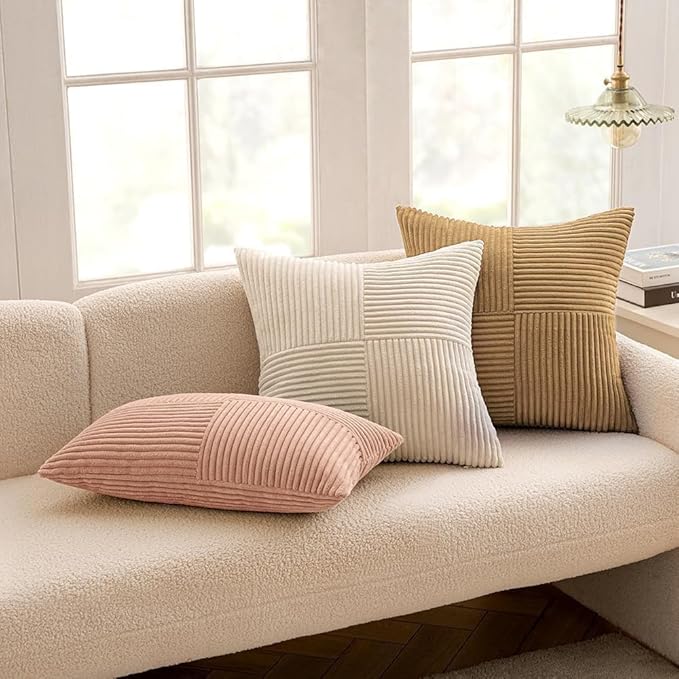 MIULEE Brown Decorative Throw Pillow Covers 18x18 Inch for Couch Bed Sofa Pack of 2 Boho Farmhouse Throw Pillows Soft Cross Corduroy Patchwork Textured Cushion Cases