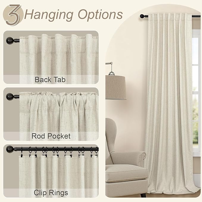 Thick Linen Blackout Curtains 104 Inches Long 2 Panel Set Custom Length Decorative Black Out Heat Draft Blocking Neutral Burlap Large Window Drape for Home Office Living Room Dining Area Bedroom Beige
