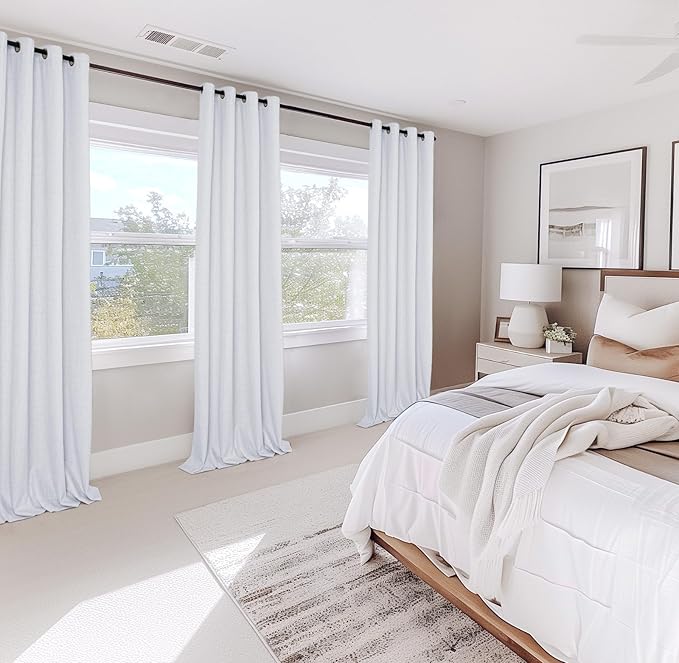 100% Blackout Shield Linen Blackout Curtains for Bedroom, Greyish White Grommet Curtains for Living Room, Thermal Insulated Room Darkening Drapes for Nursery, Boho Home Decor, 40" W x 45" L, 2 Panels