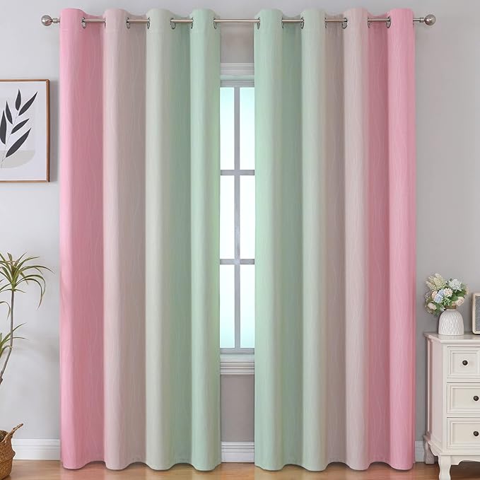 Estelar Textiler Sage Green and Pink Blackout Curtains 84 Inches Long for Living Room, Thermal Insulated Ombre Full Light Blocking Grommet Blackout Drapes for Bedroom, 52Wx84L, 2 Panels