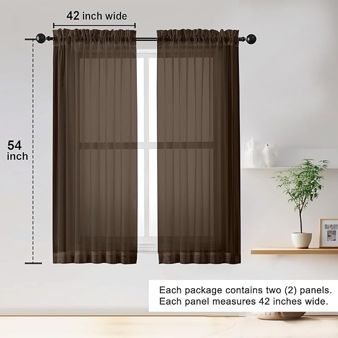 OWENIE Sheer Curtains 54 inches Long for Living Room Bedroom, Rod Pocket Light Filtering Voile Sheers Panels Drapes Small Window Treatments 2 Panels, 42" W x 54" L, Chocolate