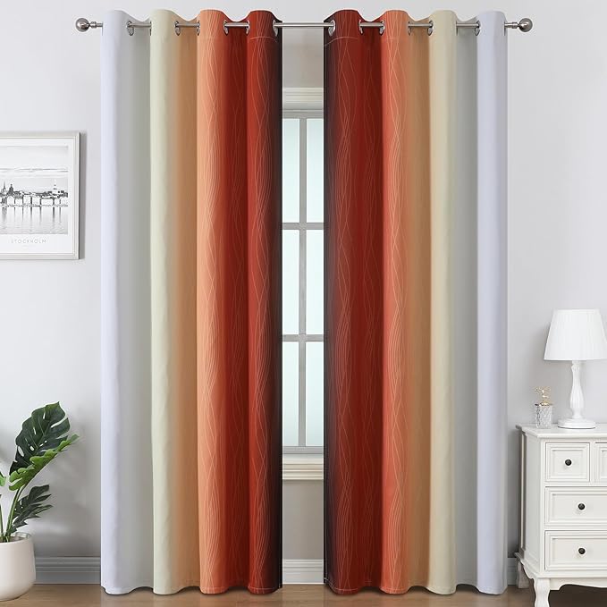 Estelar Textiler Burnt Orange and Greyish White Ombre Blackout Curtains 90 Inch Length for Living Room, Room Darkening Grommet Gradient Thermal Insulated Drapes for Bedroom,52Wx90L Inches (2 Panels)