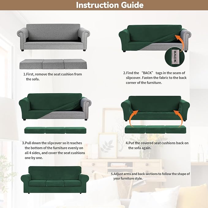 WEERRW 4 Pieces Velvet High Stretch Couch Covers for 3 Cushion Couch Sofa Slipcovers, Washable Furniture Protector with Non Slip Elastic Bottom, Feature Soft Plush Fabric, Emerald Green, Large