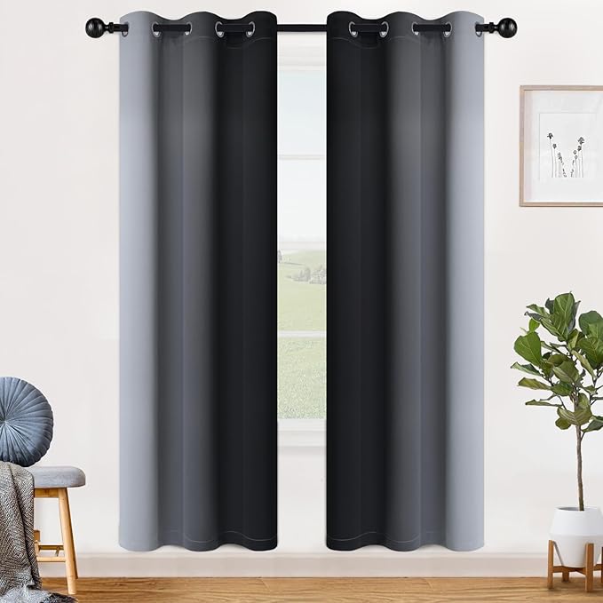 SimpleHome Ombre Room Darkening Curtains for Bedroom, Gradient Black to Grey White Light Blocking Thermal Insulated Grommet Window Curtain/Drapes for Living Room,2 Panels, 42x72 inches Length