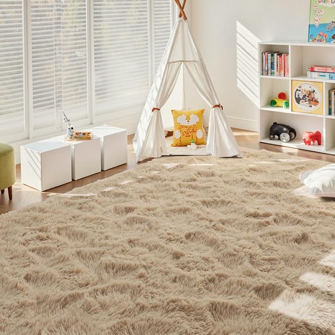 4x6 Ft Shag Beige Rugs for Bedroom Living Room, Ultra Soft Fluffy Furry Area Rugs for Playroom Indoor Floor, Aesthetic Carpet for Kids Home Decor