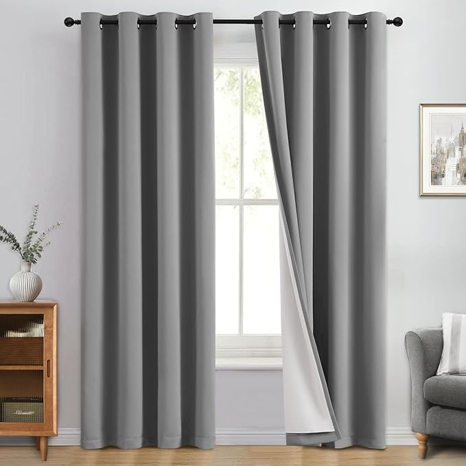 Yakamok 100% Blackout Curtain Panels 84 inches Cold and Light Blocking Drapes for Nursery, 2 Thick Layers Thermal Insulated Draperies (2 Pieces, 50 Wide Each Panel, Dove Grey/White Backing)