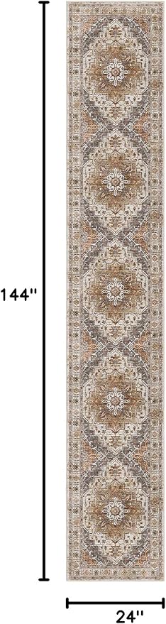 Madane Hallway Runner Rug 2x12, Extra Long Washable Runner Rugs with Rubber Backing, Non Slip Carpet Runner, Vintage Rug Runners for Kitchen Laundry Room Entryway (Turmeric/Grey, 2'x12')