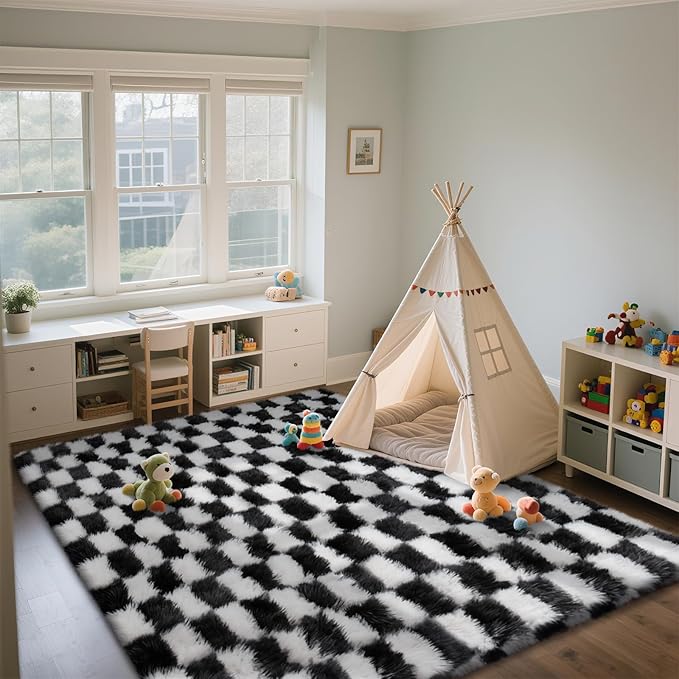 Checkered Area Rugs for Bedroom Living Room,8x10 Black and White Fluffy Soft Checkered Rug Fuzzy Shag Shaggy Carpet, Indoor Plush Floor Rugs for Kids Boys Girls Teen Dorm Nursery Home Decor