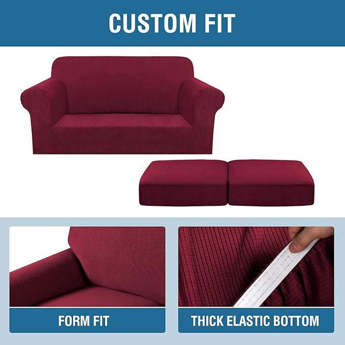 H.VERSAILTEX 3 Piece Stretch Sofa Covers for 2 Cushion Loveseat Couch Covers for Living Room Furniture Cover (Base Cover Plus 2 Seat Cushion Covers) Thicker Jacquard Fabric(Medium Sofa, Burgundy)