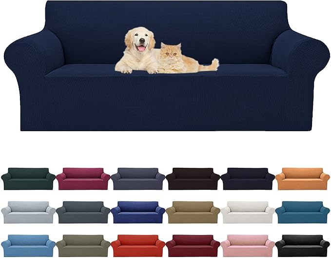 Cupuamon 2026 New Stretch Sofa Slipcovers Couch Cover for 3 Cushion Furniture Protector Sofa Covers with Elastic Bottom Jacquard Fabric Small Checks for Pets, Kids -Sofa, Navy
