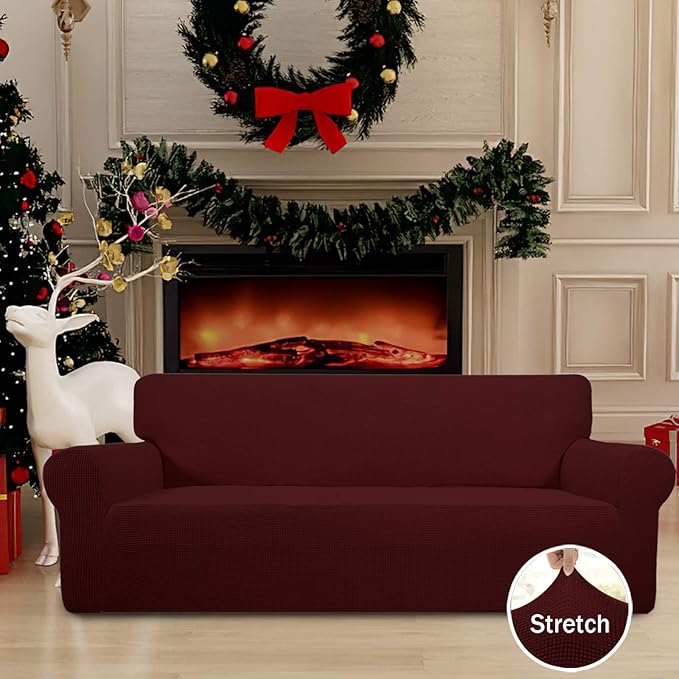 Easy-Going Stretch Sofa Slipcover 1-Piece Sofa Cover Furniture Protector Couch Soft with Elastic Bottom for Kids, Polyester Spandex Jacquard Fabric Small Checks (Sofa, Wine)