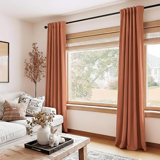 100% Blackout Shield Linen Blackout Curtains for Bedroom 96 Inches Long, Back Tab/Rod Pocket Living Room Drapes, Thermal Insulated Blackout Curtains 2 Panels Set, 50" W x 96" L, Burnt Orange
