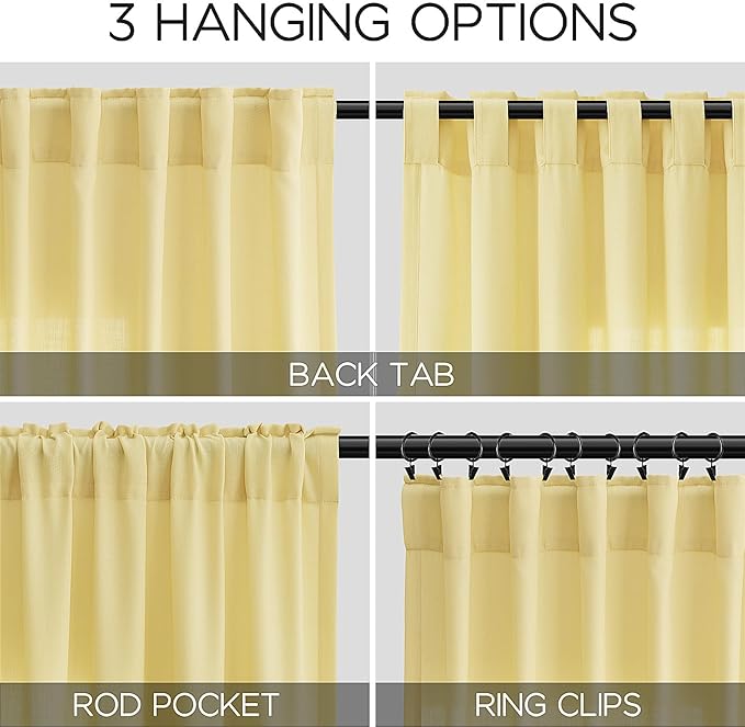 Yellow Linen Curtains 63 Inches Long for Bedroom Back Tab Light Filtering Privacy Sheer Curtains Modern Farmhouse Coastal Decor Yellow Cotton Textured Gauze Curtain for Bathroom 2 Panel Set 52x63