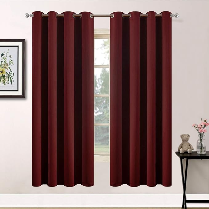 Yakamok Room Darkening Curtains 63 Inches Long Blackout Curtains Thermal Insulated Drapes with Grommets Top Window Treament Curtain for Bedroom Living Room 52 x 63 inch, Burgundy Red, 2 Panels Set