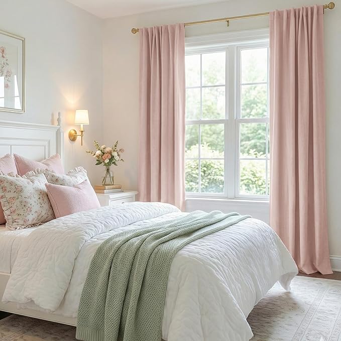 100% Blackout Shield Light Pink Linen Blackout Curtains for Bedroom 84 Inches Long, Back Tab/Rod Pocket Living Room Drapes, Thermal Insulated Blackout Curtains 2 Panels Set, 50" W x 84" L
