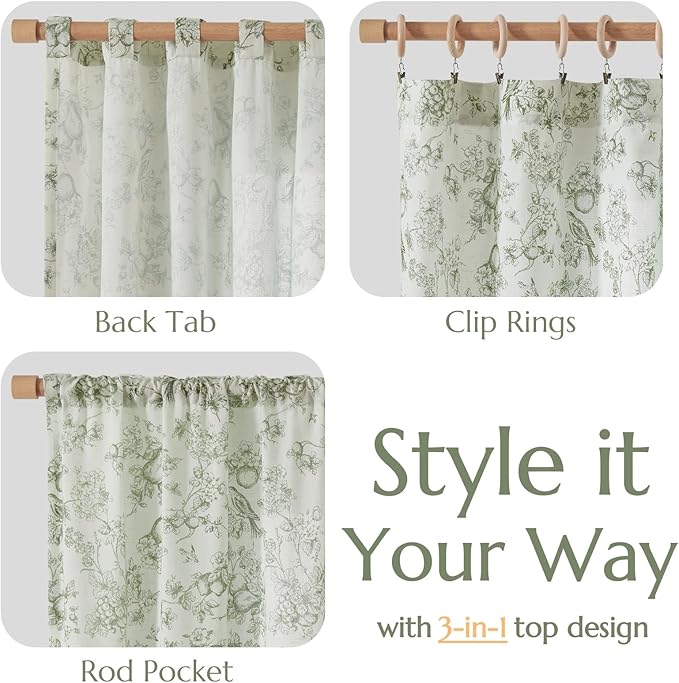 jinchan Linen Floral Curtains for Living Room 63 Inch Long Sage Green Printed Flower French Country Curtain Farmhouse Cottage Core Toile Curtains Back Tab Light Filtering Window Drapes Set 2 Panels