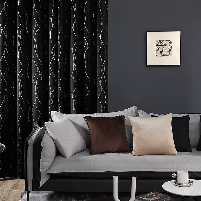 Deconovo Blackout Curtains for Bedroom, 72 Inch Length - Room Darkening Curtains, Window Grommet Curtains, Wave Line and Dots Pattern (W38 X L72, Black, Set of 2)