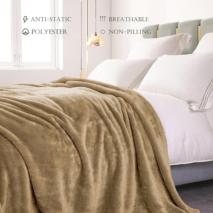 Exclusivo Mezcla Plush Fuzzy Fleece Bed Blanket Queen Size, Super Soft, Fluffy and Warm Blankets for Couch, Bed, All Season (Brown, 90x90 inches)