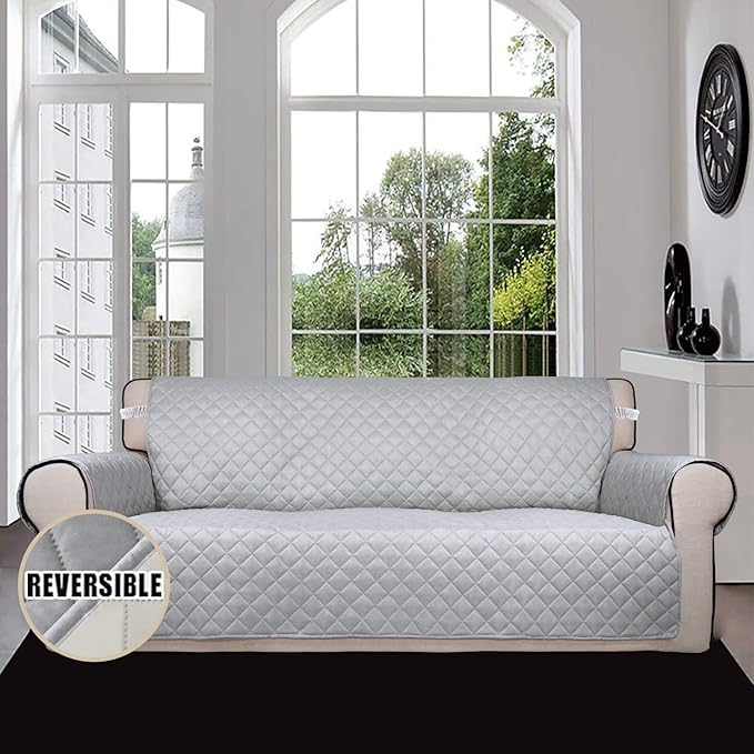 Easy-Going 4 Seater Sofa Slipcover Reversible Sofa Cover Water Resistant Couch Cover with Foam Sticks Elastic Straps Furniture Protector for Pets Children Dog Cat (XX-Large, Light Gray/Ivory)