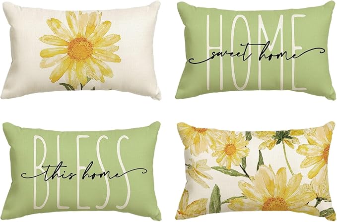 AVOIN colorlife Home Sweet Home Spring Summer Flowers Green Throw Pillow Covers, 12 x 20 Inch Cushion Case for Sofa Couch Set of 4