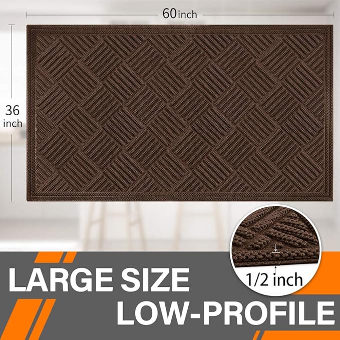Mibao Front Door Mat, Dirt Trapper Welcome Mat for Outdoor Indoor, Non-Slip Waterproof Doormat, Durable Machine Washable Low Profile Entry Rug for Back Door Outside Patio, 61.5" x 36", Coffee Grid