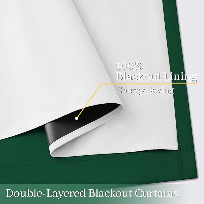 Yakamok 100% Blackout Curtain Panels 84 inches Cold and Light Blocking Drapes for Nursery, 2 Thick Layers Thermal Insulated Draperies (2 Pieces, 50 Wide Each Panel, Dark Green/White Backing)