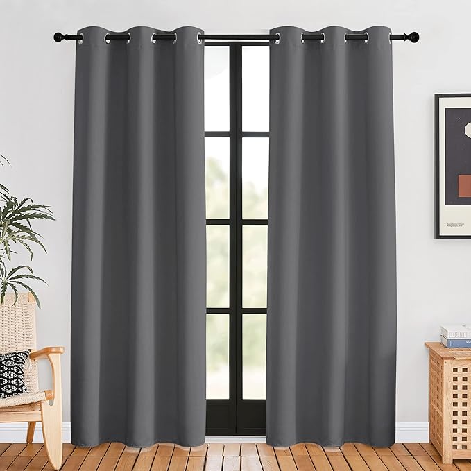 NICETOWN Bedroom Curtains Blackout Drapery Panels, 2 Panels, 42 x 80 inches, Gray, Three Pass Microfiber Thermal Insulated Solid Ring Top Blackout Window Curtains/Drapes