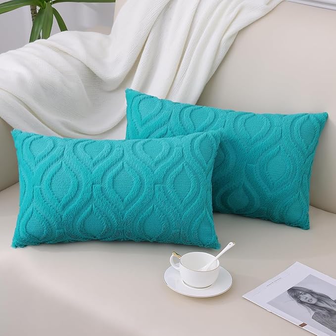 decorUhome Summer Throw Pillow Covers 12x20 Inch Set of 2, Soft Plush Faux Wool Turquoise Solid Couch Pillow Covers, Accent Farmhouse Neutral Rectangle Pillow Cases for Sofa Bed Living Room