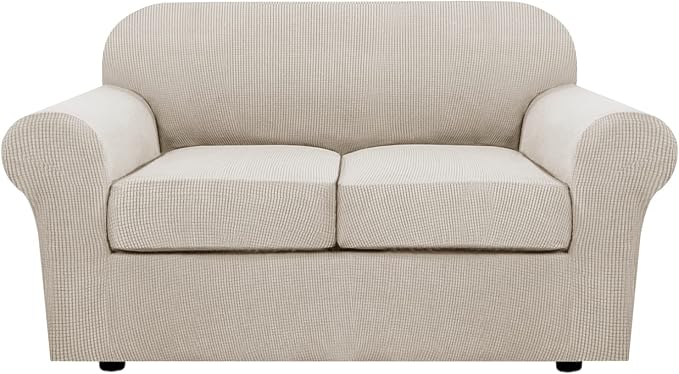 H.VERSAILTEX 3 Piece Stretch Sofa Covers for 2 Cushion Loveseat Couch Covers for Living Room Furniture Cover (Base Cover Plus 2 Seat Cushion Covers) Thicker Jacquard Fabric(Medium, Island Fossi)