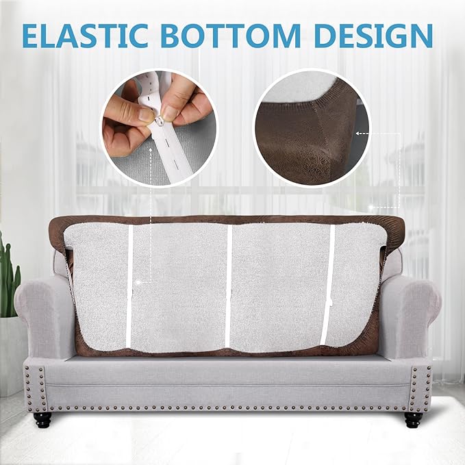 Leather Look Couch Cushion Covers Sofa Seat Slipcovers Sets Couches Furniture Protector for Sectional Armchair Loveseat Pets Kids Stretch Spandex Fabric (1 T-Cushion Sofa, Brown)