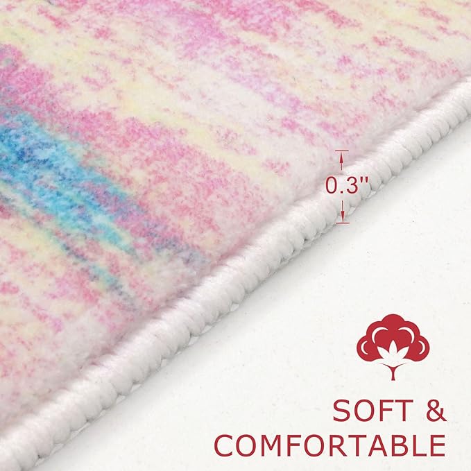 KOZYFLY Pink Nursery Rug for Baby Girl, Washable Thin Area Rugs 5x7 for Kids Bedroom Dorm Playroom, Non-Slip Faux Wool Soft Low Pile Living Room Rug for Dining Room, Kitchen Bathroom