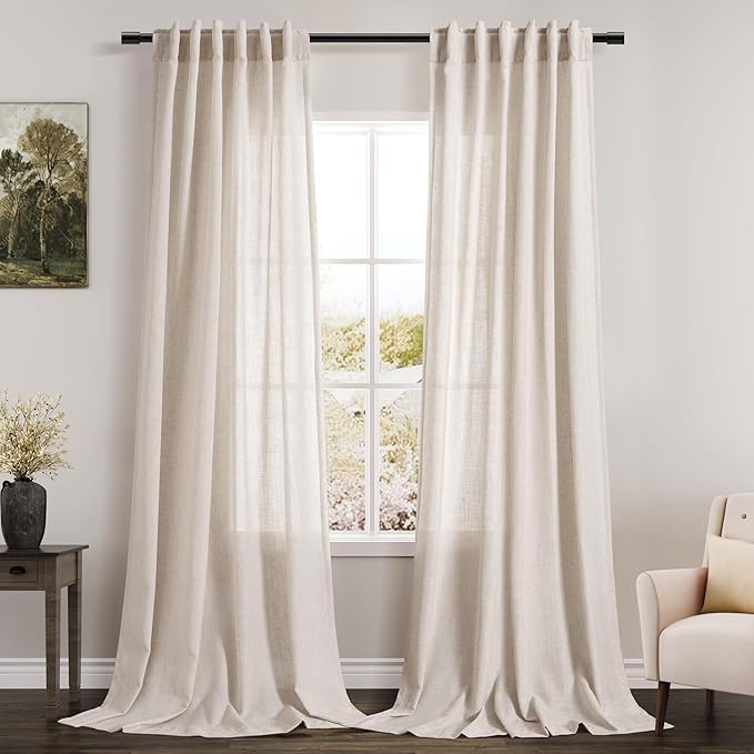 Beige Linen Sheer Curtains 102 Inches 2 Panels Set Back Tab Rod Pocket Extra Long Semi Sheer Light Filter Vintage Curtain Drapes Room Decor Aesthetic Curtains for Living Room High Window 42x102