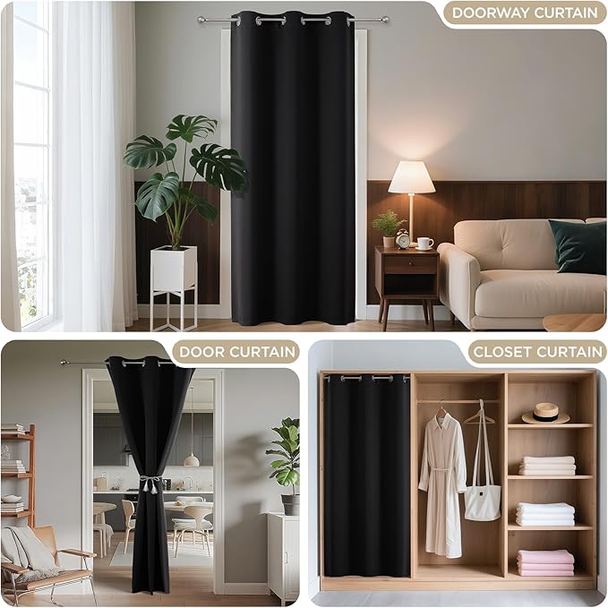 Joydeco Blackout Door Curtain for Doorway Privacy 80 Inches Long, Grommet Closet Curtain for Open Closet, Room Divider for Bedroom Living Room (Black, 32Wx80L, 1 Panel)