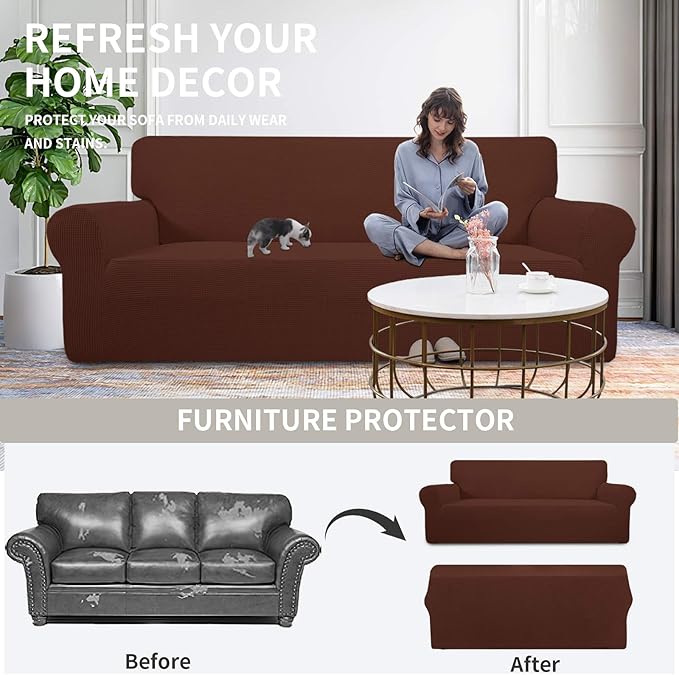 Easy-Going Stretch Loveseat Slipcover 1-Piece Sofa Cover Furniture Protector Couch Soft with Elastic Bottom for Kids Polyester Spandex Jacquard Fabric Small Checks (Loveseat, Coffee)