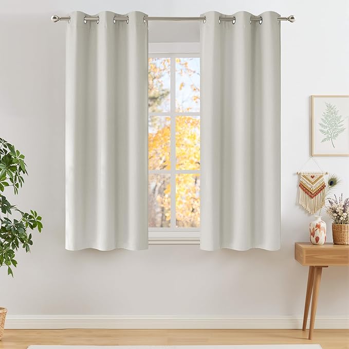 NICETOWN Short Faux Linen Natural Blackout Curtains 63 inches Long for Kitchen - Privacy Panels for Living Room Bedroom, Modern Farmhouse Style Easy Care Grommet Top, 2 Panels, W42 by L63