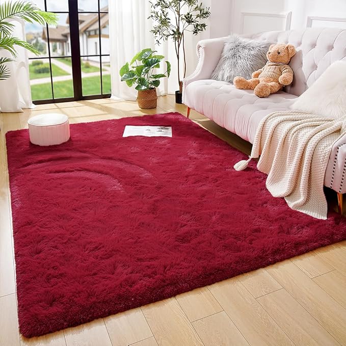 Amearea Shag Fluffy Area Rug for Bedroom Girls Living Room, Extra Soft and Fuzzy Shaggy Rugs, Non Slip, Solid Color Carpet Mat for Boys Nursery Home, Wine Red 6x9 Feet