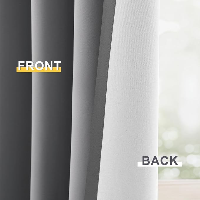 Yakamok 100% Blackout Curtain Panels 84 inches Cold and Light Blocking Drapes for Nursery, 2 Thick Layers Thermal Insulated Draperies (2 Pieces, 40 Wide Each Panel, Grey Front with White Backing)